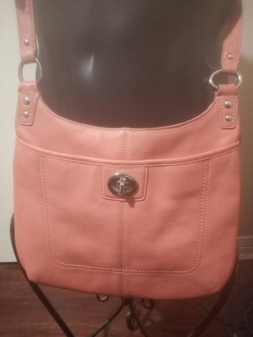 Coach Penelope Bag (F19265) Coral Pink Large Leather Pebbled Crossbody Turnlock - Picture 2 of 12